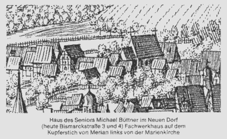 Haus des Seniors Michael Büttner, Fachwerkhaus auf dem Kupferstich von Merian