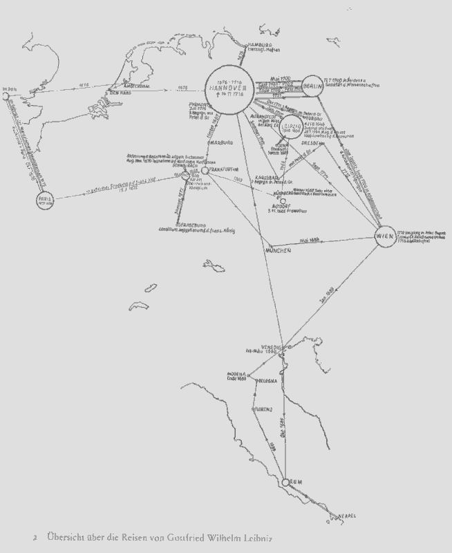 Übersicht über die Reisen von G.W. Leibniz